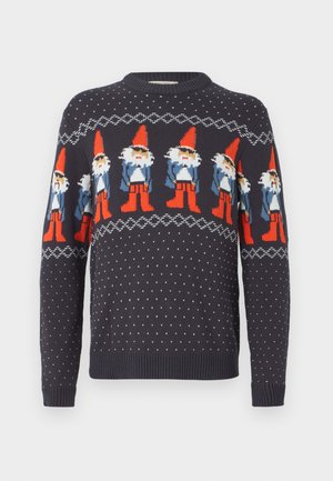 Marinblå tröja med tomte-motiv och prickigt mönster. Tillverkad av stickat tyg, med rund halsringning och ribbade ärmslut.