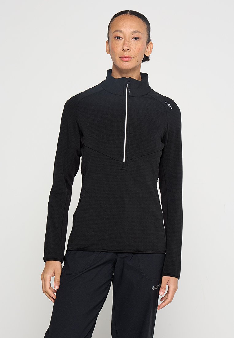 Schwarzer Langarm-Pullover aus strukturiertem Stoff. Verfügt über einen halben Reißverschluss-Kragen und einen kontrastierenden weißen Reißverschluss, mit einem minimalistischen Design.