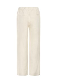 Pantalons en lin couleur crème avec une coupe décontractée, dotés d'une taille élastique et de deux poches arrière. Texture unie, design à jambes larges.