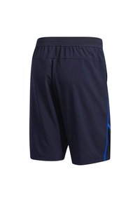 Shorts de sport en marine en tissu lisse, avec une bande latérale bleue contrastante, une taille élastique et une coupe décontractée.