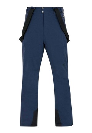 Marineblau wasserdichte Hose mit verstellbaren Trägern, geradem Schnitt, verstärkten schwarzen Akzenten an den Säumen und einem Reißverschluss vorne.