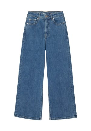 Jean en denim bleu à jambes larges, avec bouton et fermeture éclair à l'avant, cinq poches et passants pour ceinture, présenté à plat sur fond blanc.