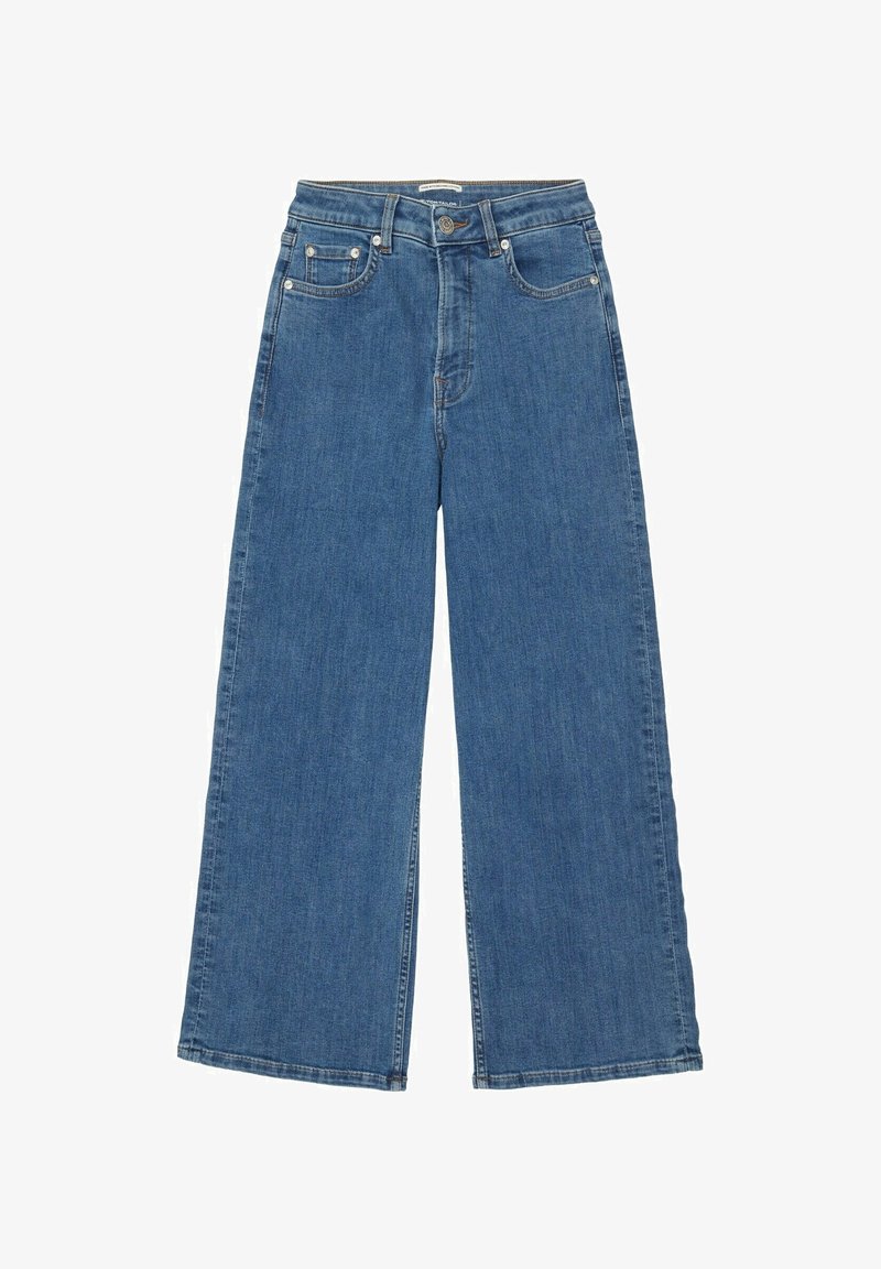Jean en denim bleu à jambes larges, avec bouton et fermeture éclair à l'avant, cinq poches et passants pour ceinture, présenté à plat sur fond blanc.