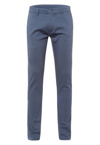 Schmale Hose in Dunkelblau, aus strukturiertem Stoff. Mit Reißverschluss, Knopfverschluss und zwei vorderen Taschen.