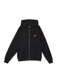 Svart zip-up hettegenser laget av bomullsmiks med kengurulomme. Har oransje logo-akenter på brystet og ermet.