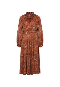 Robe midi à manches longues et col montant, avec un motif cachemire orange, marron et violet, et une jupe à volants.
