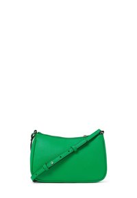 Zelená kožená kabelka přes rameno s elegantním designem, vybavená dlouhým nastavitelným popruhem a zipovým uzávěrem nahoře. Hladká textura.