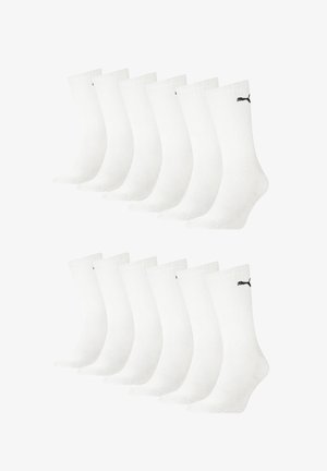 Set mit 12 weißen Baumwollsocken in mittlerer Schafthöhe, mit gerippter Textur und einem kleinen schwarzen Logo auf einer Seite.
