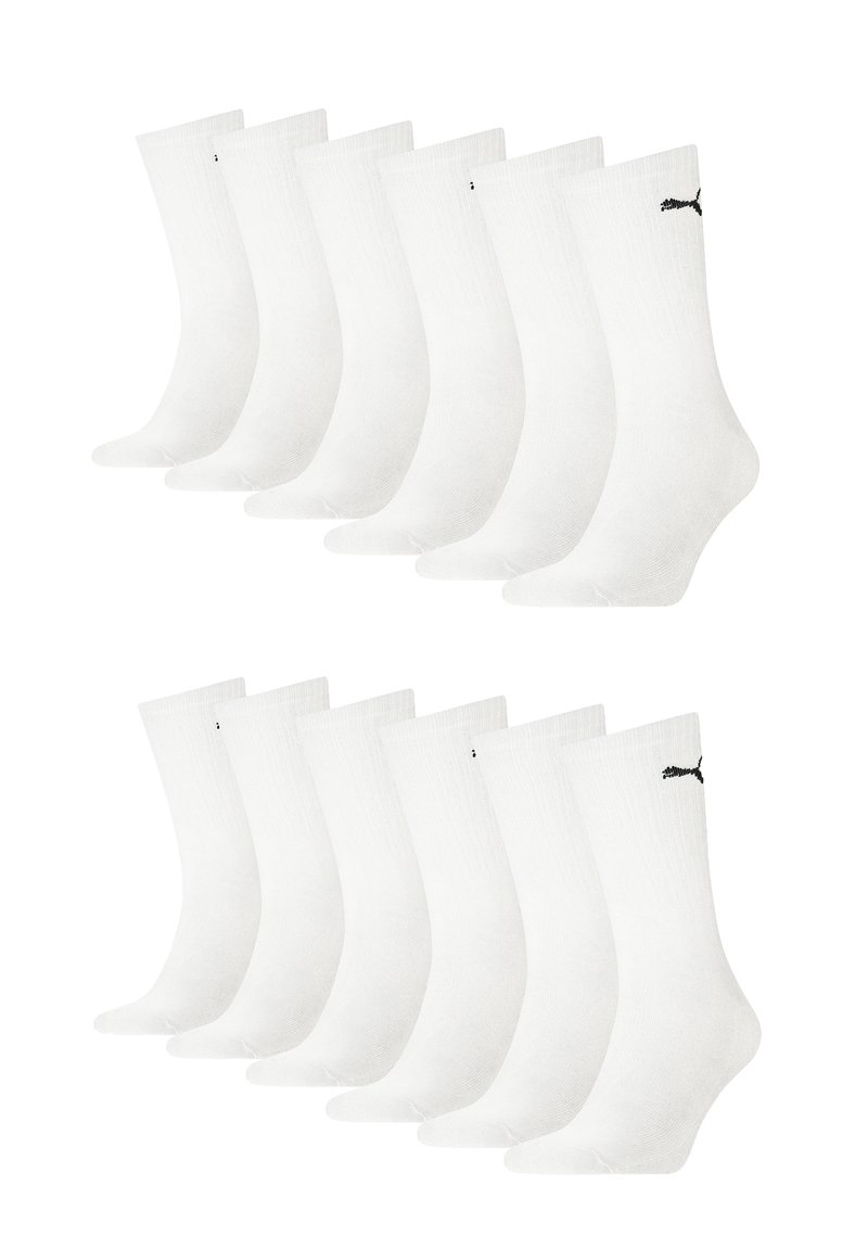 Set mit 12 weißen Baumwollsocken in mittlerer Schafthöhe, mit gerippter Textur und einem kleinen schwarzen Logo auf einer Seite.