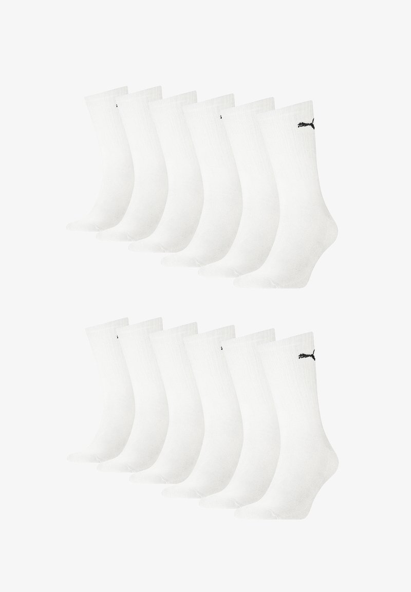 Set mit 12 weißen Baumwollsocken in mittlerer Schafthöhe, mit gerippter Textur und einem kleinen schwarzen Logo auf einer Seite.