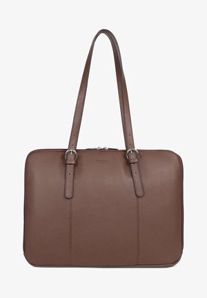 Borsa a mano in pelle marrone con due manici lunghi, forma rettangolare, superficie liscia e cuciture sottili lungo i bordi. Chiusura superiore con cerniera.