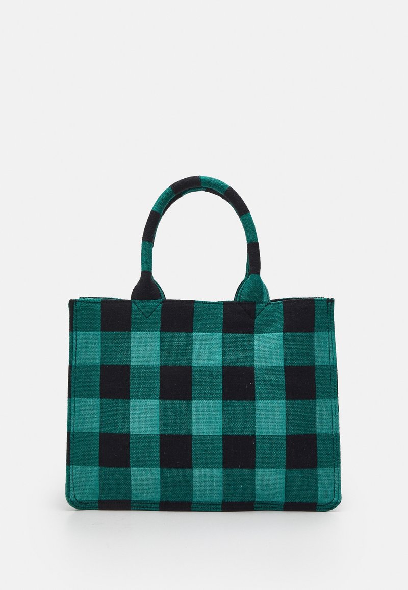 Sac fourre-tout à motifs vichy vert et noir, en tissu résistant, avec deux poignées arrondies et une forme rectangulaire structurée.