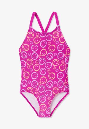 Rosa Einteiler-Badeanzug mit mehrfarbigen Smiley-Grafiken, dünnen, gekreuzten Trägern und dehnbarem Material für Komfort.