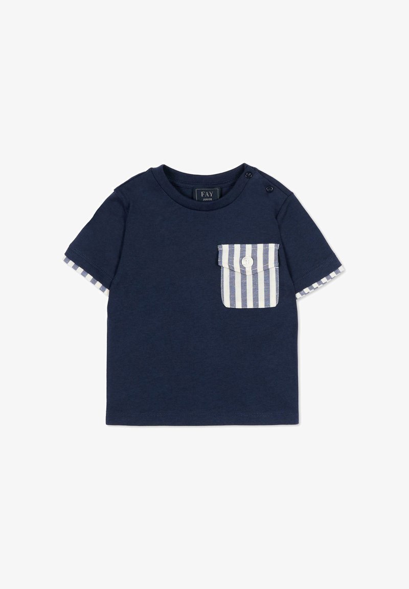T-shirt pour tout-petit bleu marine à manches courtes, avec une poche boutonnée rayée sur la poitrine et des bordures rayées aux manches.