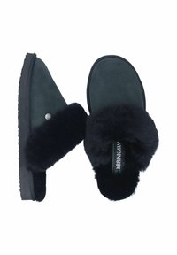 Black suede slippers with fluffy black fur trim and a textured black sole. Features a green and black logo on the insole.