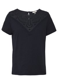 Černé tričko s krátkým rukávem s texturovaným, vyšitým designem na přední straně v trojúhelníkovém tvaru, s klíčovou dírkou na zádech.