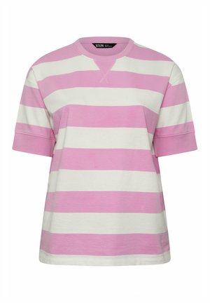 Koszulka z krótkim rękawem i okrągłym dekoltem, z szerokimi poziomymi różowo-białymi paskami, luźnym krojem oraz ściągaczami na rękawach i kołnierzu.