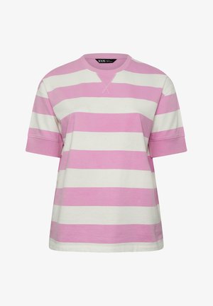 Kurzärmeliges T-Shirt mit Rundhalsausschnitt, breiten horizontalen pink-weißen Streifen, lockerem Schnitt sowie gerippten Bündchen und Kragen.