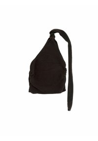 Zwarte gebreide hoofddoek met een driehoekige vorm, gedraaide bovenkant en een lange strik. Zachte textuur, geschikt voor verschillende stylingsopties.