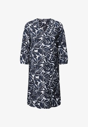 Šaty s listovým vzorem v námořnické modři a bílé. Mají výstřih do V a tříčtvrteční rukávy. Vyrobeny z lehkého materiálu.