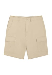 Pantaloni cargo beige realizzati in misto cotone, dotati di due tasche laterali e due tasche cargo, con chiusura a bottone e taglio dritto.