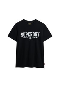 Sort bomulds T-shirt med hvid grafisk tekst, der står "SUPERDRY PREMIUM SPORTING" tværs over brystet. Korte ærmer, rund hals.