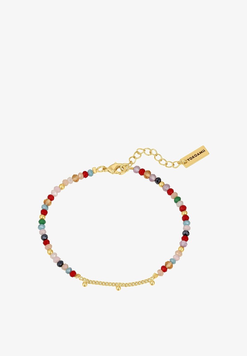 Kuldne käevõru, millel on värvikirev valik lihvitud helmeid erinevates toonides, koos delikaatse ahela ja kinnitusega turvaliseks sulgemiseks.