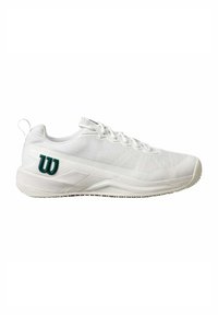 Zapatilla deportiva blanca con parte superior de malla texturizada, suela blanca sólida y un acento de logo verde en el lateral. Cuenta con cierre de cordones y un lazo.