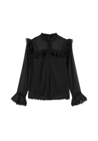 Schwarze Bluse aus transparenter Stoff mit Rüschendetails entlang des Kragens und der Ärmel, verziert mit Spitzenbesatz und einer Knopfleiste.