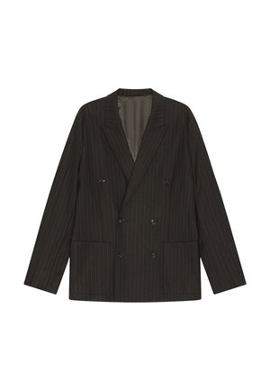 Zwarte dubbelgeknoopte blazer met krijtstreep, met inkeping revers, zes knopen, twee voorzakken en lange mouwen, plat liggend op een witte achtergrond.