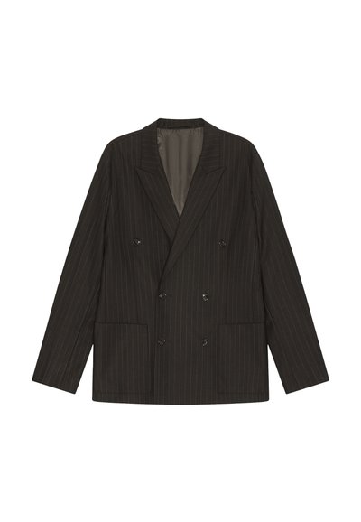 Black double-breasted pinstripe blazer with notch lapels, six buttons, two front pockets, and long sleeves, laid flat on a white background.