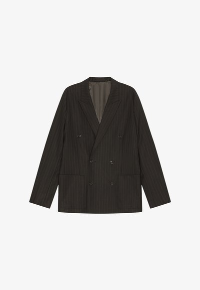 Black double-breasted pinstripe blazer with notch lapels, six buttons, two front pockets, and long sleeves, laid flat on a white background.