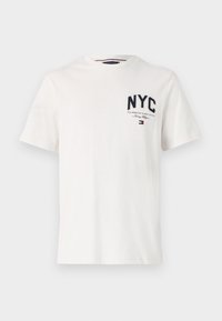 White cotton T-shirt with short sleeves. Features "NYC" graphic in black and blue on the chest. Crew neckline, relaxed fit.