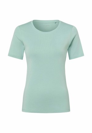 T-shirt a maniche corte verde chiaro, realizzata in cotone, con scollo rotondo e una texture liscia e uniforme. Nessun motivo o dettaglio visibile.