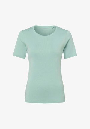 T-shirt a maniche corte verde chiaro, realizzata in cotone, con scollo rotondo e una texture liscia e uniforme. Nessun motivo o dettaglio visibile.