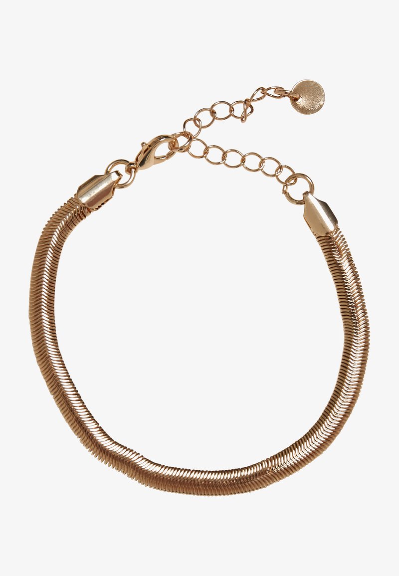 Roosa kuldne käevõru keeratud metalldisainiga, millel on krabi kinnitus ja reguleeritav kett, et tagada kindel istuvus. Sile tekstuur, minimaalsed aktsendid.