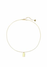 Collana in tono oro con una catena sottile e flessibile e un pendente rettangolare. Il pendente ha una superficie liscia e un design minimalista.
