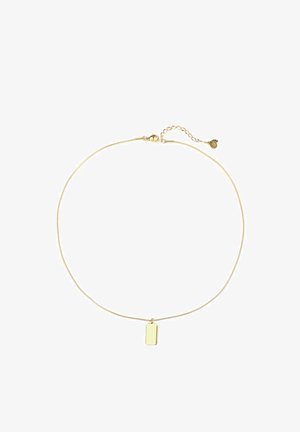 Collar de tono dorado con una cadena delgada y flexible y un colgante rectangular. El colgante tiene una superficie lisa y un diseño minimalista.