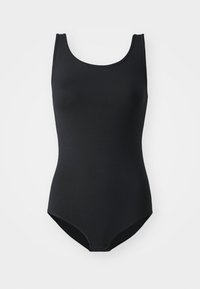 Bañador de una pieza negro con una tela ligera y elástica, que presenta un escote redondo, diseño sin mangas y una textura suave y mate.