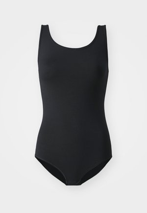 Maillot de bain une pièce noir en tissu léger et extensible, avec un col rond, un design sans manches et une texture lisse et mate.