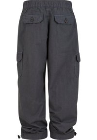 Mörkgrå cargobyxor med elastiskt midjeband, två bakfickor med knappar, sidofickor och justerbara benslut. Strukturerad tyg.