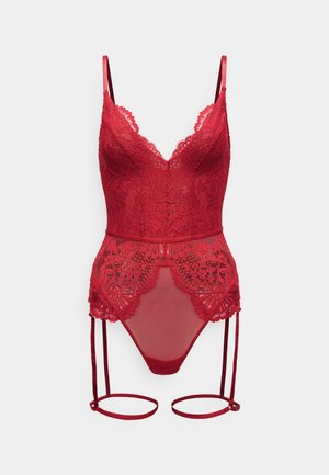Röd spetsunderklädning bodysuit med blommönster, genomskinlig midja, justerbara axelband och fasta strumpeband.