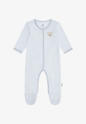 Grijs gestreepte baby romper met lange mouwen, ronde halslijn, berenborduring op de borst, drukknoopsluiting en gesloten voet ontwerp.