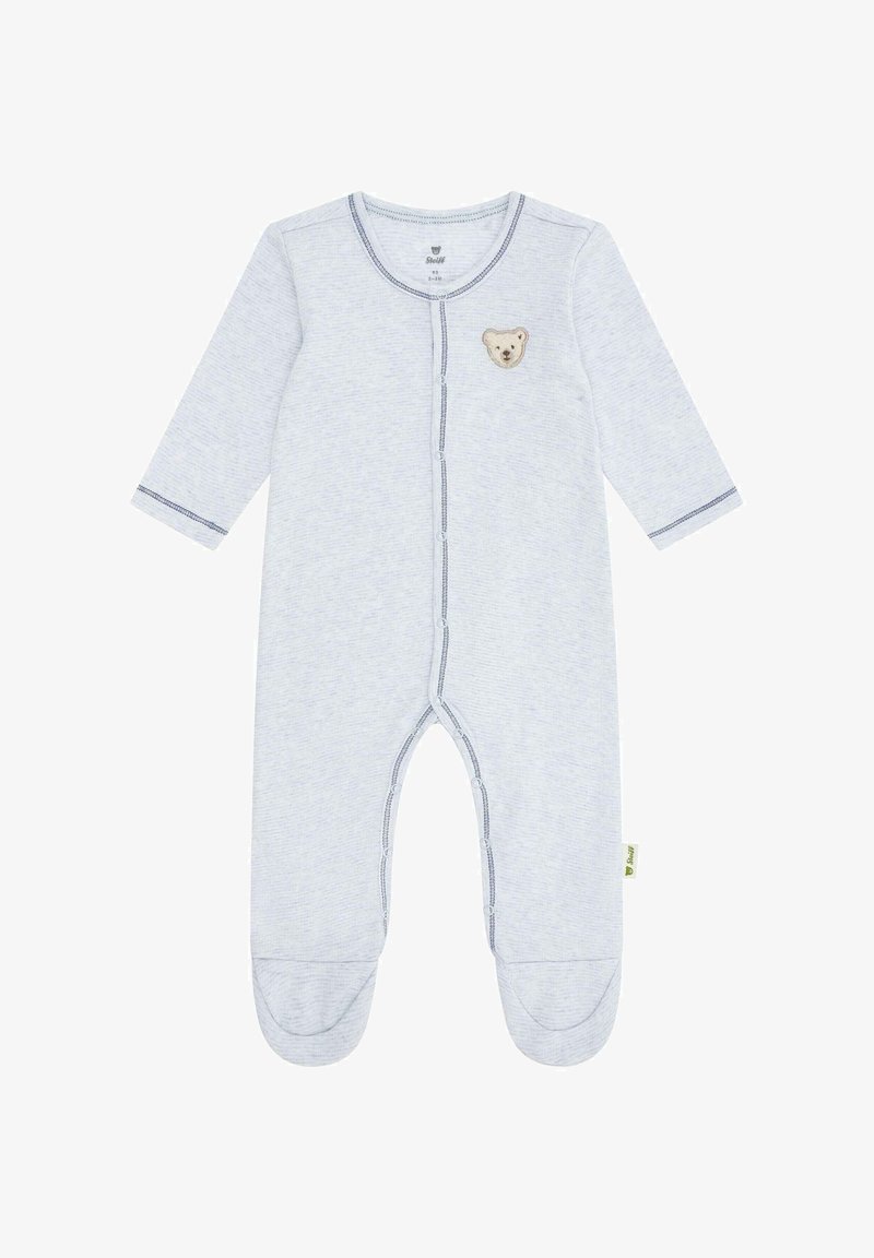 Grau gestreifter Babyschlafanzug mit langen Ärmeln, rundem Halsausschnitt, Bärenstickerei auf der Brust, Druckknopfverschluss und geschlossenem Fußdesign.