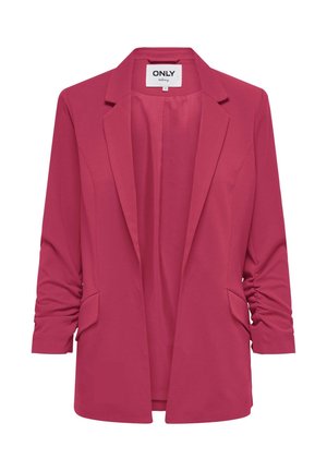 Blazer de mujer color fucsia con mangas largas fruncidas, solapas con muesca, delantero abierto y bolsillos delanteros con solapa.