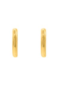 Boucles d'oreilles en or en forme de créoles, avec un design lisse et arrondi ; surface polie ; épaisseur uniforme ; style minimaliste sans embellissements.