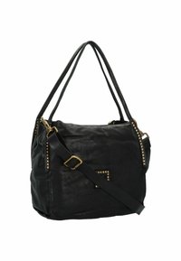 Borsa a tracolla in pelle nera con accenti in metallo dorato e doppie maniglie, caratterizzata da una finitura testurizzata e un design spazioso.