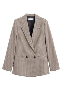Dvojřadý blazer v hnědo-beige károvaném vzoru. Obsahuje široké klopy, dvě přední kapsy a černé knoflíkové detaily.