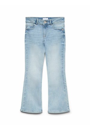 Hele sinised teksapüksid, veidi lehvikukujulised, ees nööpide ja tõmblukuga, viie taskuga, laotatud valgel taustal.