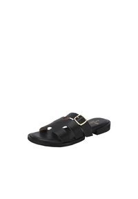 Zwarte leren slidesandalen met drie open banden, een gouden gespaccent en een platte zool. Beschikt over een soepele textuur en een minimalistisch ontwerp.